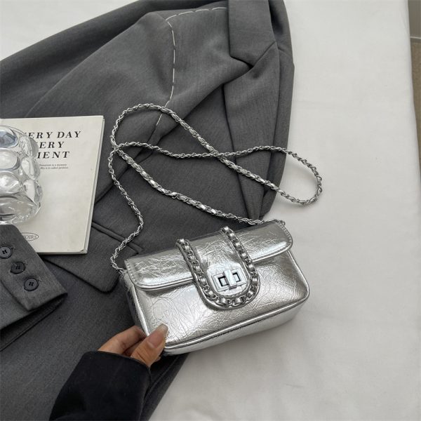 Korean Style High-End Silver Handbag for Women - Laser Cut Small Square Crossbody Bag with Chain Shoulder Strap, Spring/Summer 2025