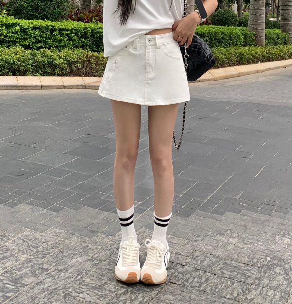 Korean Style High Waist White A-Line Denim Skirt Shorts for Women - Slimming, Versatile Summer Fashion with Pockets