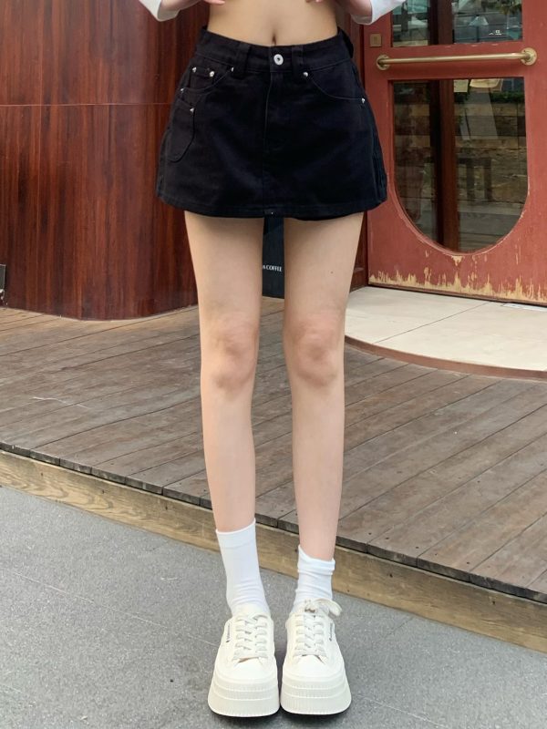 Korean Style High Waist White A-Line Denim Skirt Shorts for Women - Slimming, Versatile Summer Fashion with Pockets