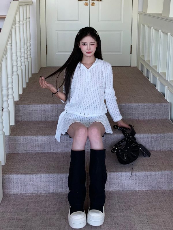 Korean Style Lace Hollow Long Sleeve Knitted Top - Unique Chic Hooded Dress for Spring Summer - Trendy 3MER Inspired Look