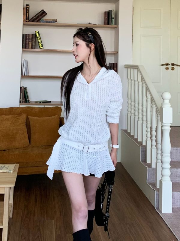 Korean Style Lace Hollow Long Sleeve Knitted Top - Unique Chic Hooded Dress for Spring Summer - Trendy 3MER Inspired Look