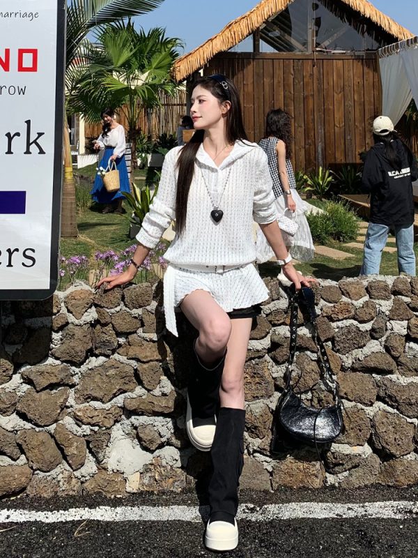 Korean Style Lace Hollow Long Sleeve Knitted Top - Unique Chic Hooded Dress for Spring Summer - Trendy 3MER Inspired Look