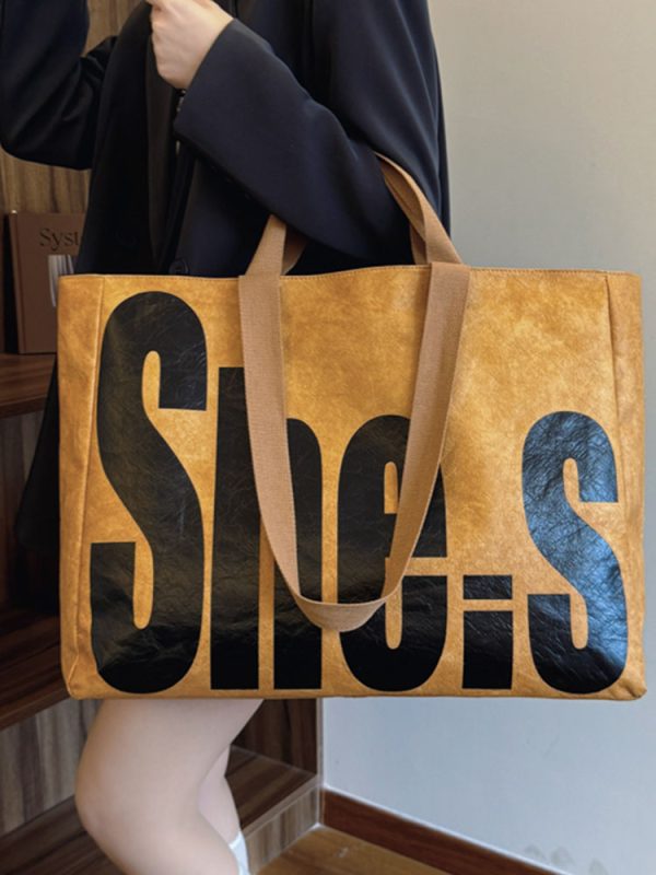 Korean-Style Large-Capacity Tote Bag for Women - 2025 Autumn Winter Literary Letter Print Shoulder Bag, Versatile Fashion Accessory
