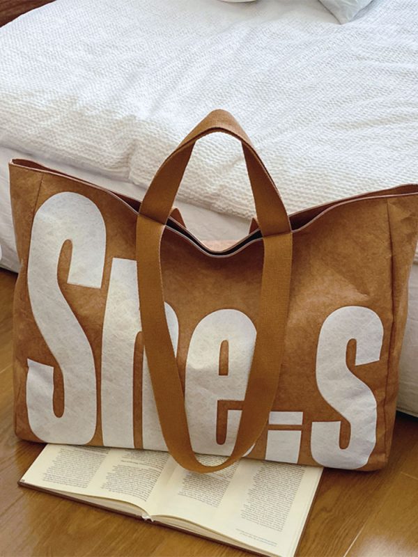 Korean-Style Large-Capacity Tote Bag for Women - 2025 Autumn Winter Literary Letter Print Shoulder Bag, Versatile Fashion Accessory
