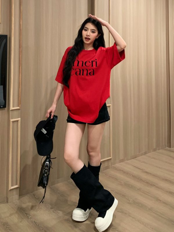 Korean Style Loose Casual Short Sleeve T-Shirt for Women with American Letter Print - Summer Round Neck Couple Top