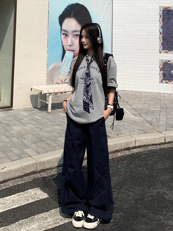 Korean Style Loose Fit Short Sleeve T-Shirt for Women with Scarf - Printed 2025 Summer Top - Casual American Fashion