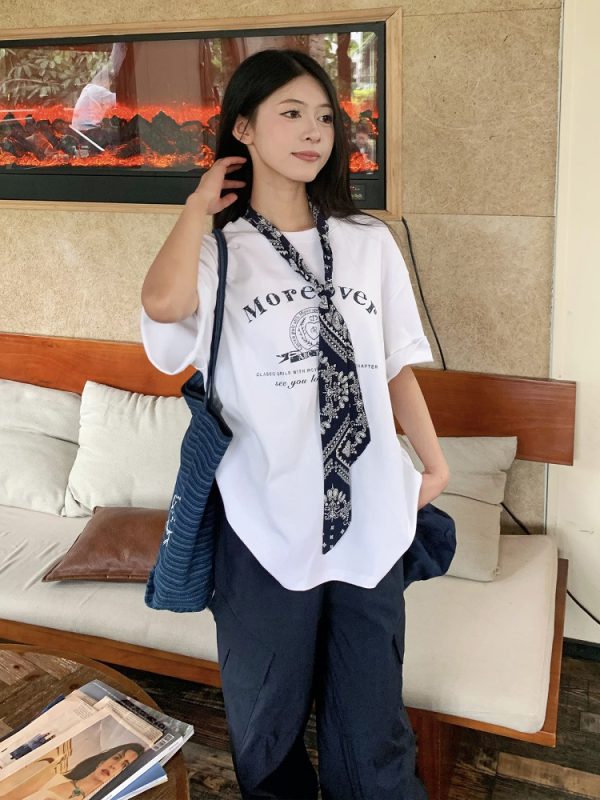 Korean Style Loose Fit Short Sleeve T-Shirt for Women with Scarf - Printed 2025 Summer Top - Casual American Fashion