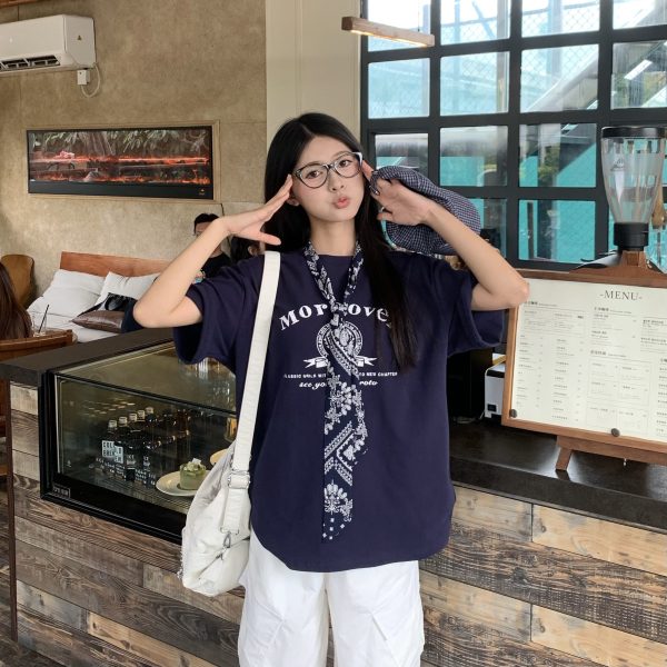 Korean Style Loose Fit Short Sleeve T-Shirt for Women with Scarf - Printed 2025 Summer Top - Casual American Fashion