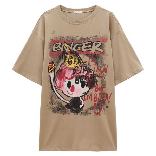 Korean-Style Mid-Length Cartoon Print Plus Size Cotton Short Sleeve T-Shirt for Women - Loose Fit Versatile Round Neck Top