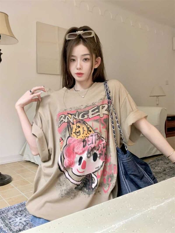 Korean-Style Mid-Length Cartoon Print Plus Size Cotton Short Sleeve T-Shirt for Women - Loose Fit Versatile Round Neck Top