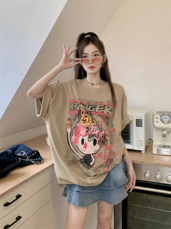 Korean-Style Mid-Length Cartoon Print Plus Size Cotton Short Sleeve T-Shirt for Women - Loose Fit Versatile Round Neck Top