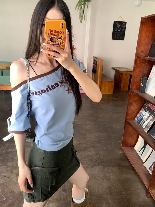 Korean Style Off-Shoulder Letter Print Short Sleeve T-Shirt for Women - Sexy Casual Slim Fit Top