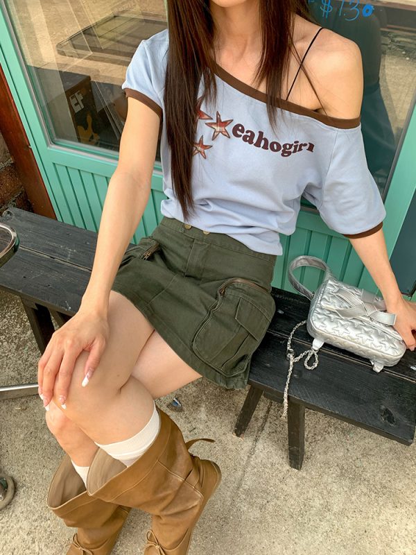 Korean Style Off-Shoulder Letter Print Short Sleeve T-Shirt for Women - Sexy Casual Slim Fit Top