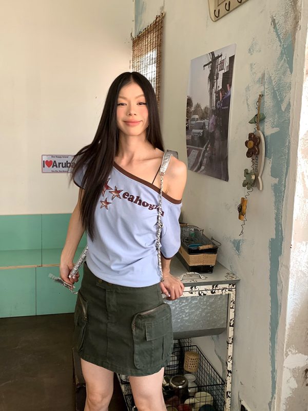 Korean Style Off-Shoulder Letter Print Short Sleeve T-Shirt for Women - Sexy Casual Slim Fit Top