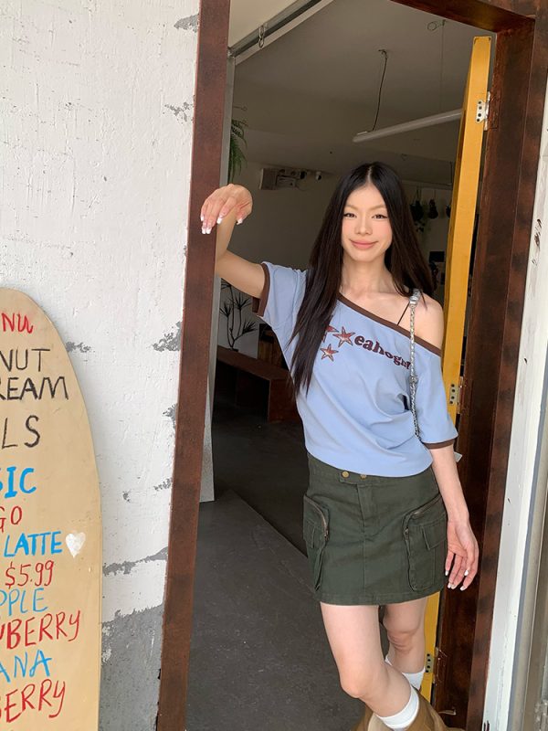 Korean Style Off-Shoulder Letter Print Short Sleeve T-Shirt for Women - Sexy Casual Slim Fit Top