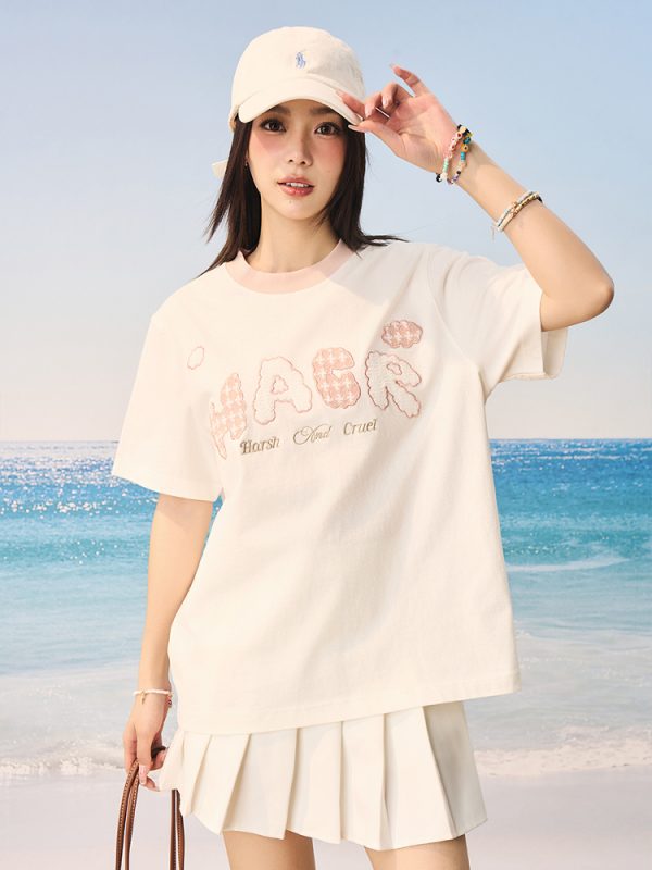 Korean Style Playful Cloud Patch T-Shirt - Cool Feeling Sorona Fabric Couple Tee for Summer Fashion