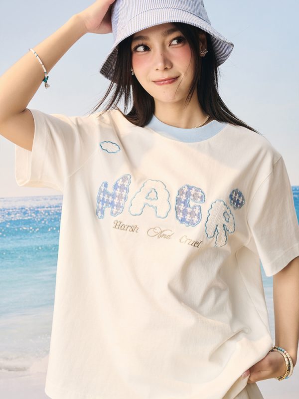 Korean Style Playful Cloud Patch T-Shirt - Cool Feeling Sorona Fabric Couple Tee for Summer Fashion