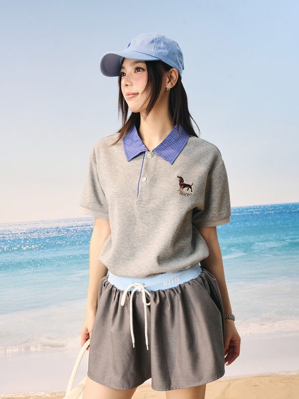 Korean-Style Retro College Plaid Collar Fake Two-Piece Color-Blocked Embroidered Polo Shirt