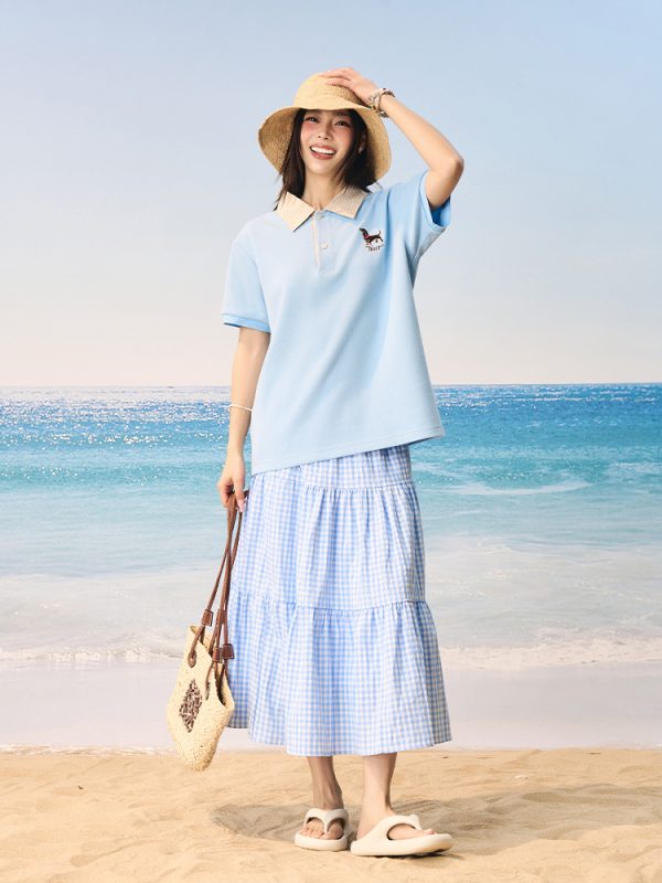 Korean-Style Retro College Plaid Collar Fake Two-Piece Color-Blocked Embroidered Polo Shirt