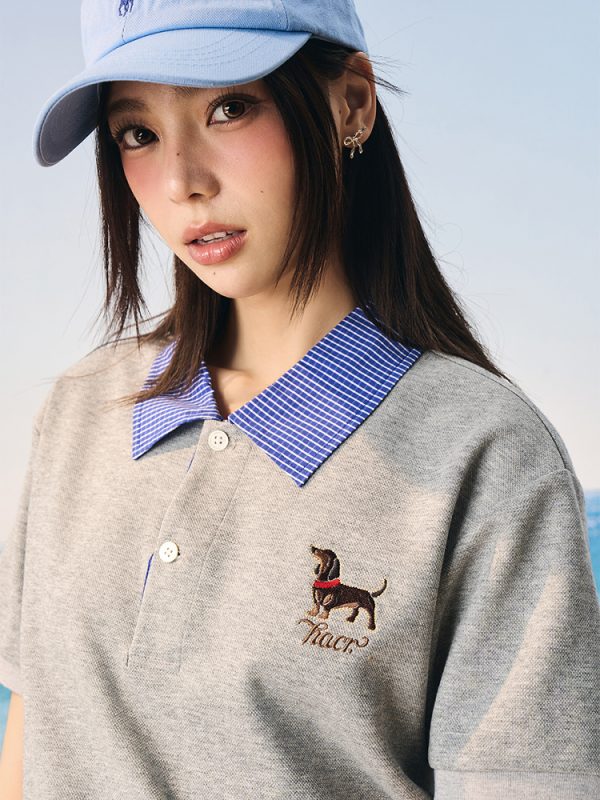 Korean-Style Retro College Plaid Collar Fake Two-Piece Color-Blocked Embroidered Polo Shirt
