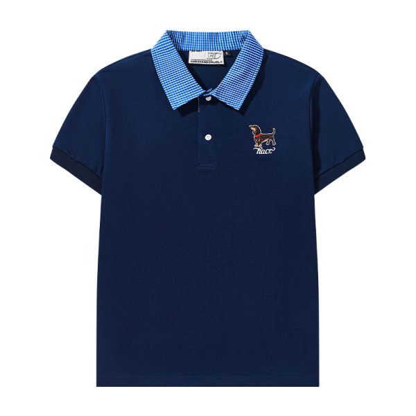 Korean-Style Retro College Plaid Collar Fake Two-Piece Color-Blocked Embroidered Polo Shirt