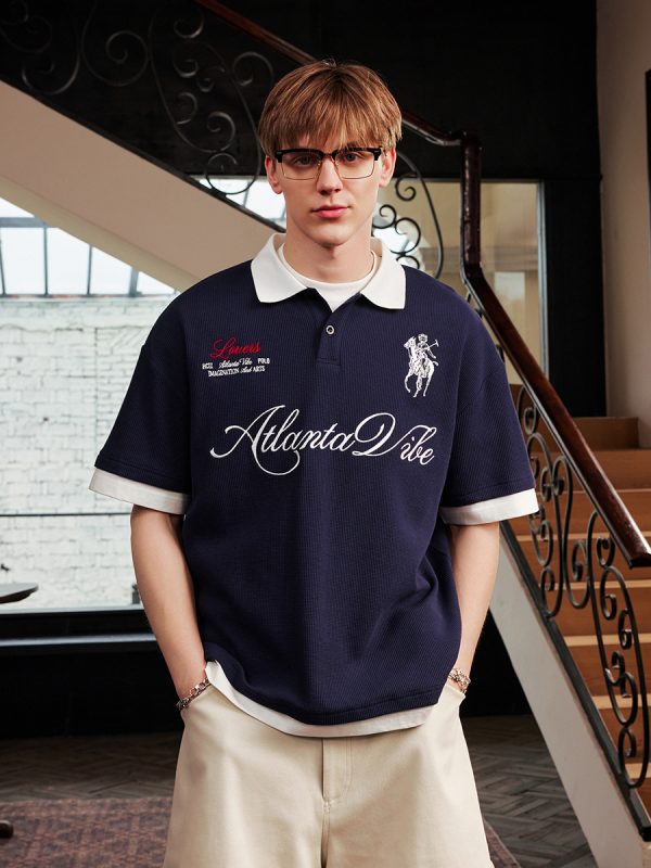 Korean-Style Retro Jersey Polo Shirt with Embroidered Collar - Short Sleeve Fake Two-Piece Design