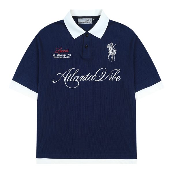 Korean-Style Retro Jersey Polo Shirt with Embroidered Collar - Short Sleeve Fake Two-Piece Design