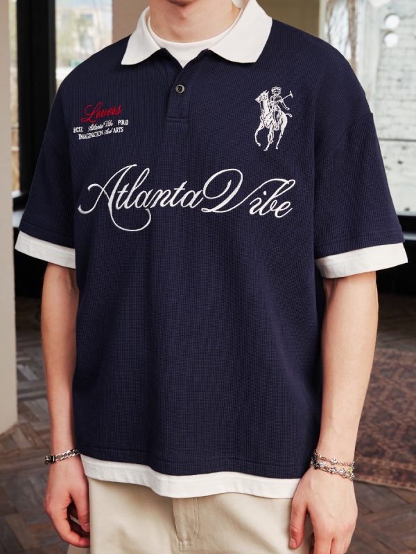 Korean-Style Retro Jersey Polo Shirt with Embroidered Collar - Short Sleeve Fake Two-Piece Design