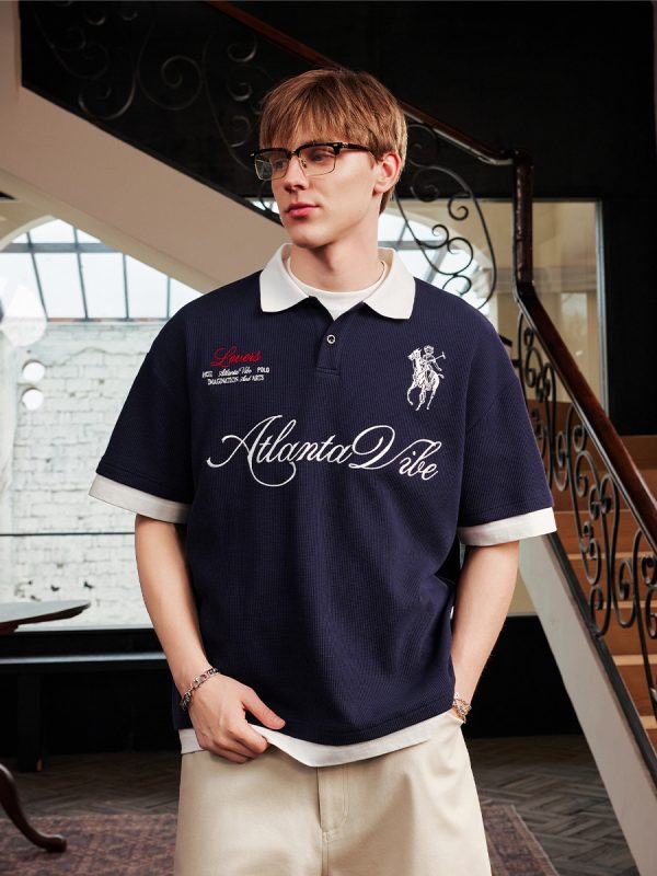 Korean-Style Retro Jersey Polo Shirt with Embroidered Collar - Short Sleeve Fake Two-Piece Design