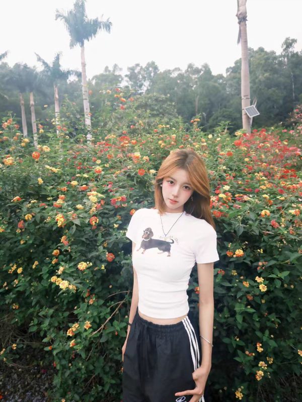 Korean-Style Retro Sausage Dog Printed Short Sleeve T-Shirt for Women, Slim-Fit Summer Top, Stretchy and Flattering Design