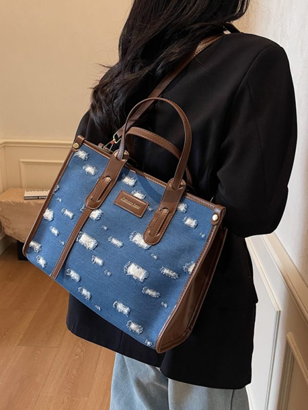 Korean-Style Ripped Denim Tote Bag for Women - Large Capacity Shoulder Crossbody Bag for Commuting - 2025 Fashion Trend