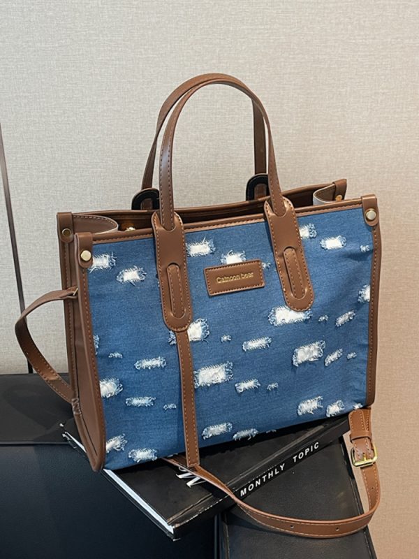 Korean-Style Ripped Denim Tote Bag for Women - Large Capacity Shoulder Crossbody Bag for Commuting - 2025 Fashion Trend