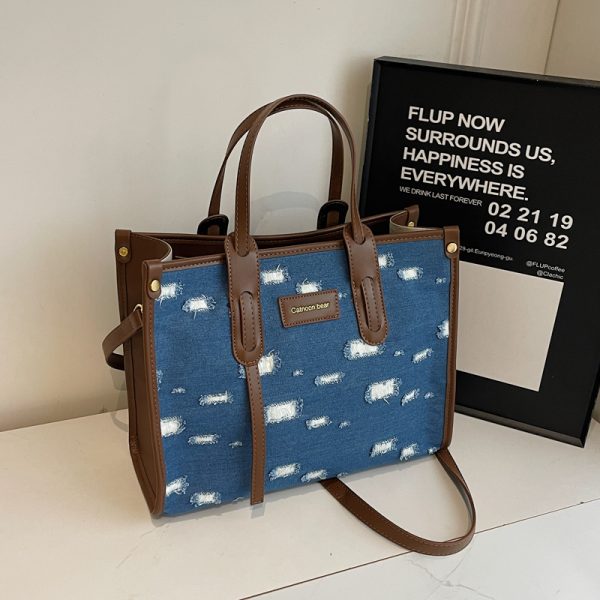Korean-Style Ripped Denim Tote Bag for Women - Large Capacity Shoulder Crossbody Bag for Commuting - 2025 Fashion Trend