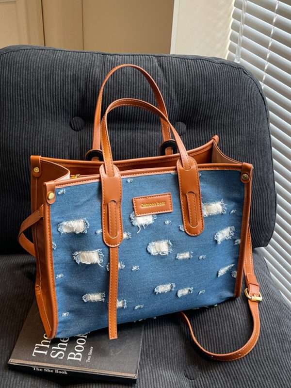 Korean-Style Ripped Denim Tote Bag for Women - Large Capacity Shoulder Crossbody Bag for Commuting - 2025 Fashion Trend