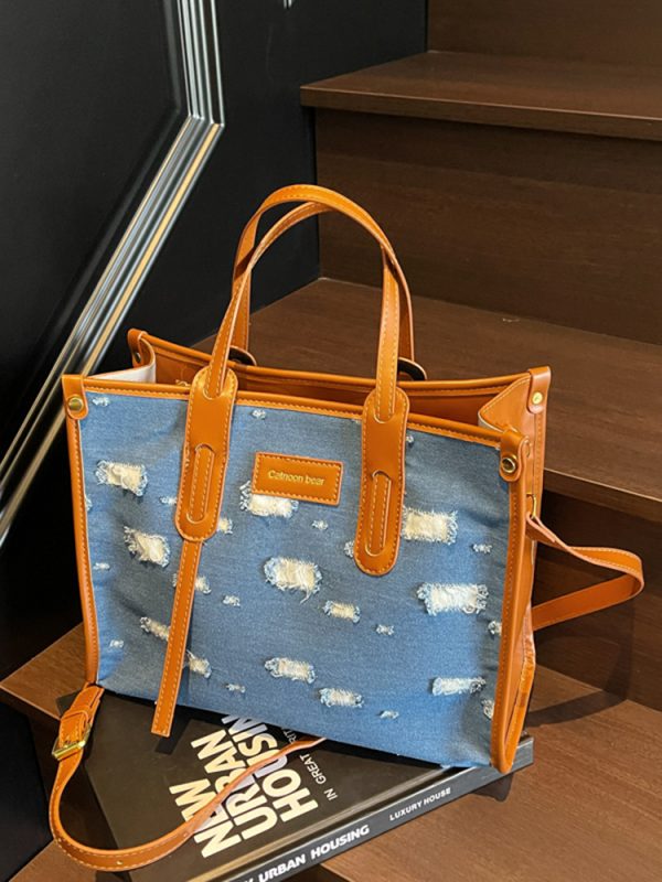 Korean-Style Ripped Denim Tote Bag for Women - Large Capacity Shoulder Crossbody Bag for Commuting - 2025 Fashion Trend