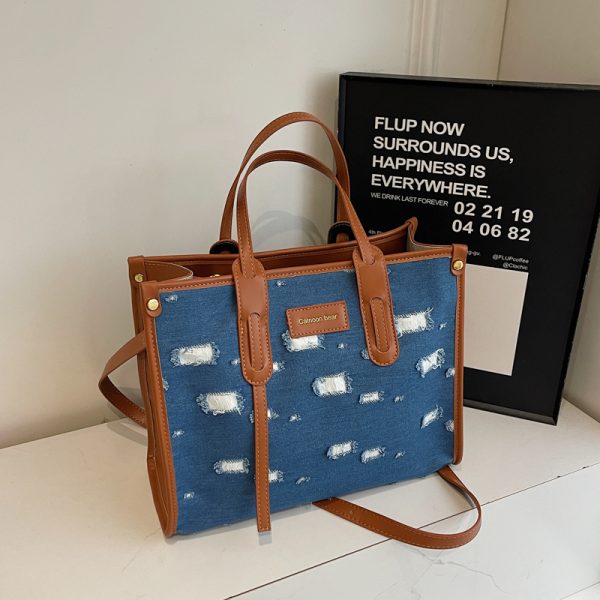 Korean-Style Ripped Denim Tote Bag for Women - Large Capacity Shoulder Crossbody Bag for Commuting - 2025 Fashion Trend