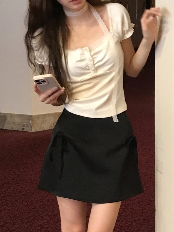 Korean Style Ruffled Short Sleeve Top and Bow Half-Length Skirt Set - Chic Seoul Diary Look