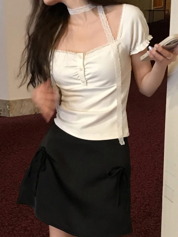 Korean Style Ruffled Short Sleeve Top and Bow Half-Length Skirt Set - Chic Seoul Diary Look