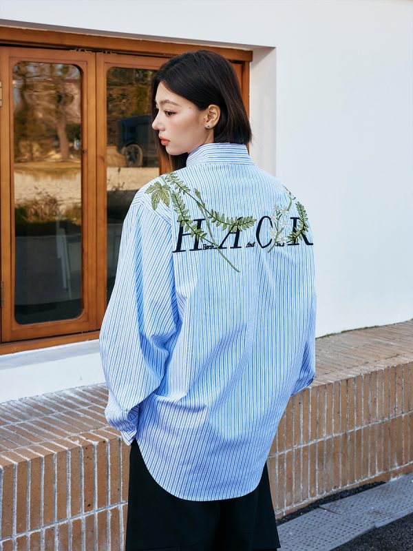 Korean Style Striped Long Sleeve Shirt with Plant Series Embroidery - Trendy OS Fashion Top for a Chic Look