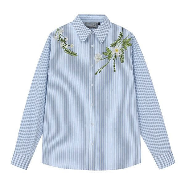 Korean Style Striped Long Sleeve Shirt with Plant Series Embroidery - Trendy OS Fashion Top for a Chic Look