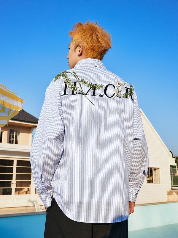 Korean Style Striped Long Sleeve Shirt with Plant Series Embroidery - Trendy OS Fashion Top for a Chic Look