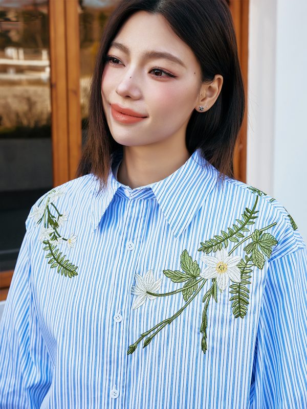 Korean Style Striped Long Sleeve Shirt with Plant Series Embroidery - Trendy OS Fashion Top for a Chic Look
