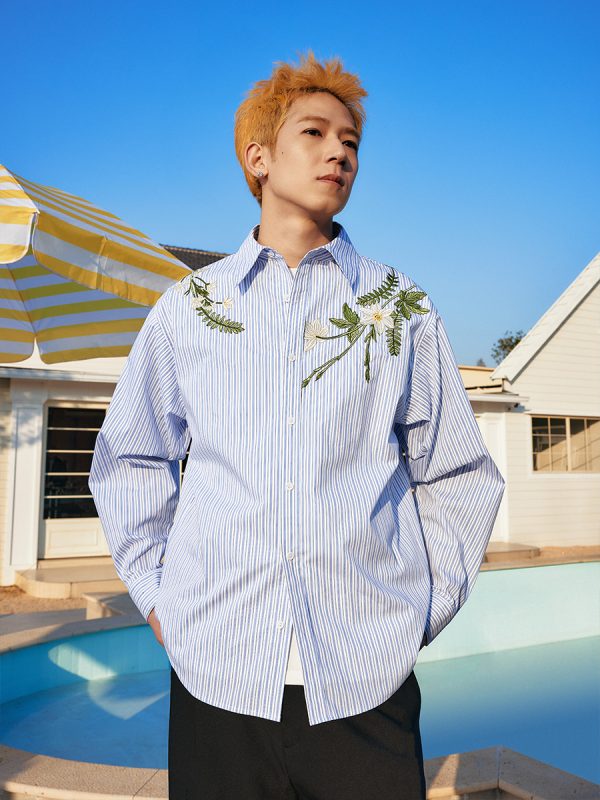 Korean Style Striped Long Sleeve Shirt with Plant Series Embroidery - Trendy OS Fashion Top for a Chic Look