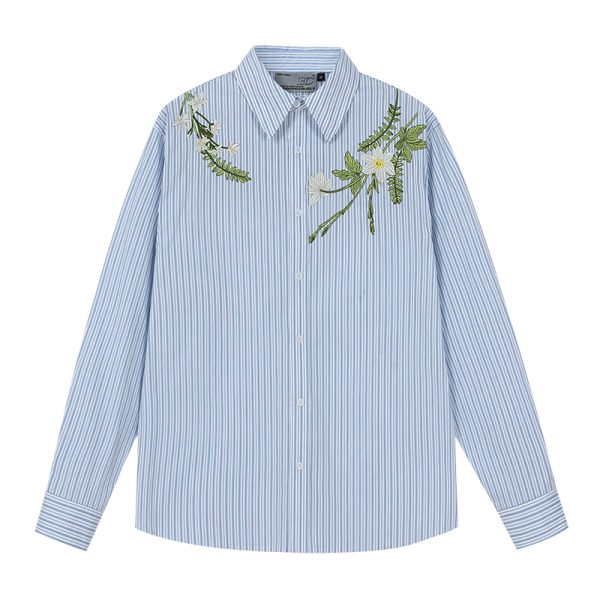 Korean Style Striped Long Sleeve Shirt with Plant Series Embroidery - Trendy OS Fashion Top for a Chic Look