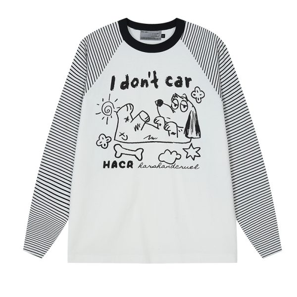 Korean Style Striped Spliced Hand-Painted Loose Raglan Long Sleeve T-Shirt for Couples