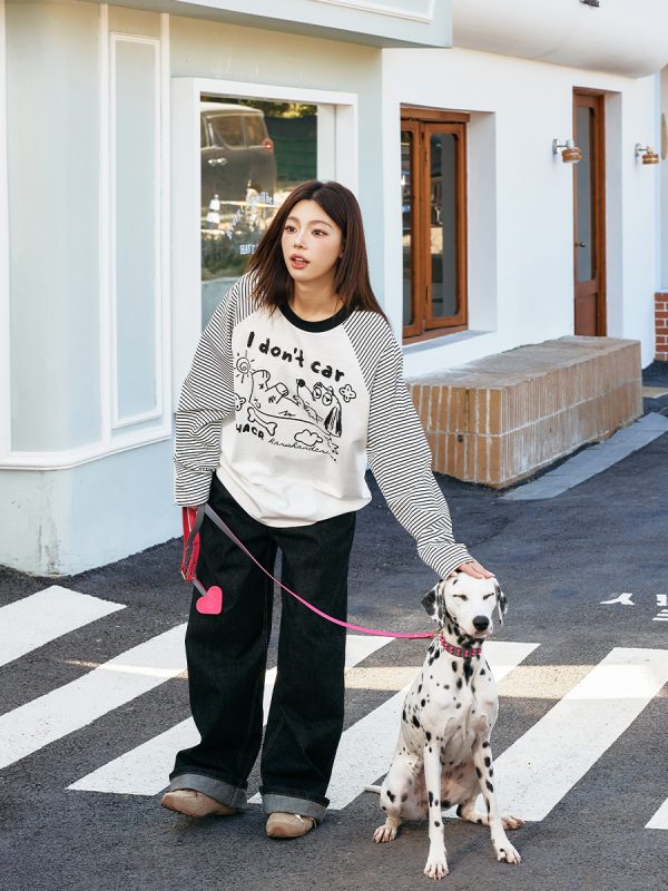 Korean Style Striped Spliced Hand-Painted Loose Raglan Long Sleeve T-Shirt for Couples