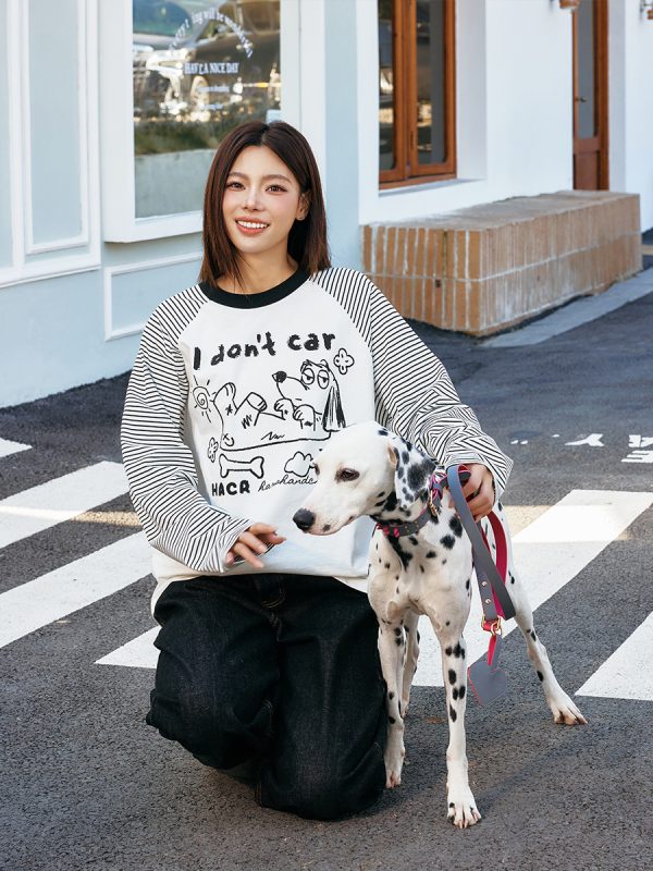 Korean Style Striped Spliced Hand-Painted Loose Raglan Long Sleeve T-Shirt for Couples
