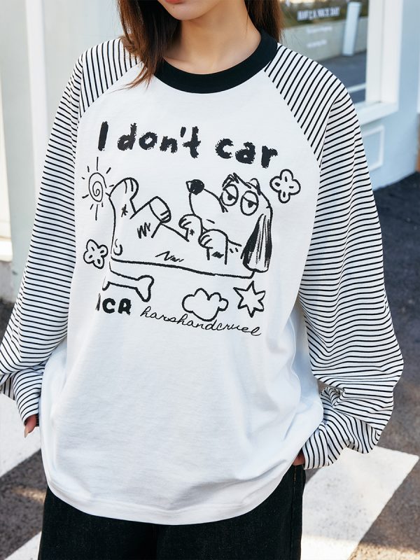 Korean Style Striped Spliced Hand-Painted Loose Raglan Long Sleeve T-Shirt for Couples
