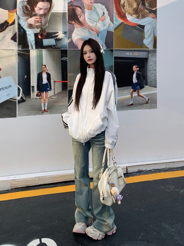 Korean Style Three Stripes Zipper Cardigan Jacket for Women - Loose Sports Casual Summer Coat with Stand Collar and Sun Protection