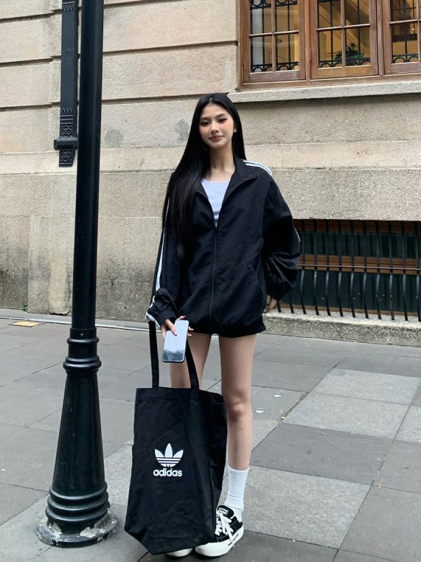 Korean Style Three Stripes Zipper Cardigan Jacket for Women - Loose Sports Casual Summer Coat with Stand Collar and Sun Protection